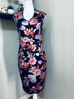 BLACK Collection Floral Dress with hearth Neckline in Red, Pink & Purple Blooms